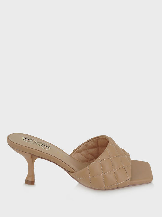 Leather Mules with Thin High Heel in Tabac Brown Color
