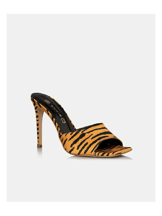 Satin Mules mit Dünn Hoch Absatz Tiger