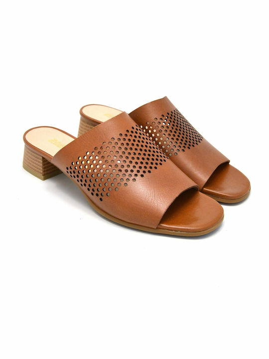 Leather Mules with Chunky Low Heel in Tabac Brown Color