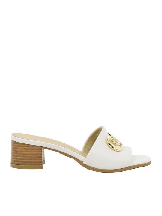 Leder Mules mit Chunky Niedrig Absatz in Weiß Farbe