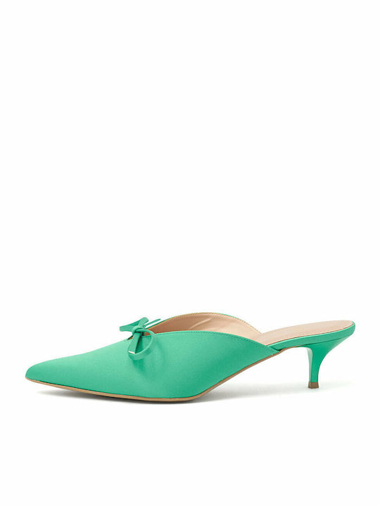 Satin Mules with Thin Low Heel in Green Color