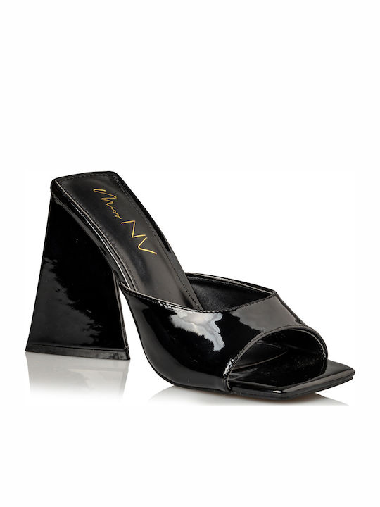 Mules from Patent Leather with Chunky High Heel in Black Color
