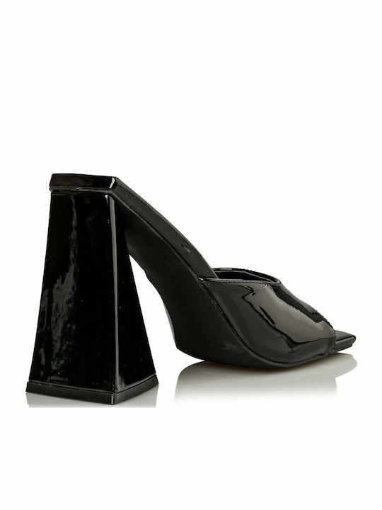 Mules from Patent Leather with Chunky High Heel in Black Color