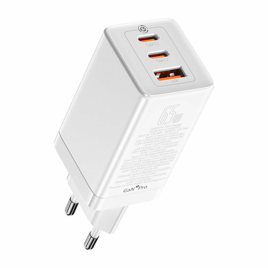 Baseus Φορτιστής με Θύρα USB-A και 2 Θύρες USB-C και Καλώδιο USB-C 65W Power Delivery / Quick Charge 3.0 / Quick Charge 4.0 Λευκός (Gan3 Pro)