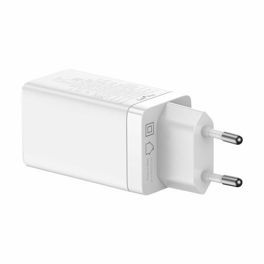 Baseus Φορτιστής με Θύρα USB-A και 2 Θύρες USB-C και Καλώδιο USB-C 65W Power Delivery / Quick Charge 3.0 / Quick Charge 4.0 Λευκός (Gan3 Pro)