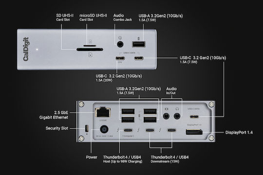 CalDigit TS4 Thunderbolt 4 Docking Station with DisplayPort 4K PD Ethernet and Support for 2 Monitors Gray