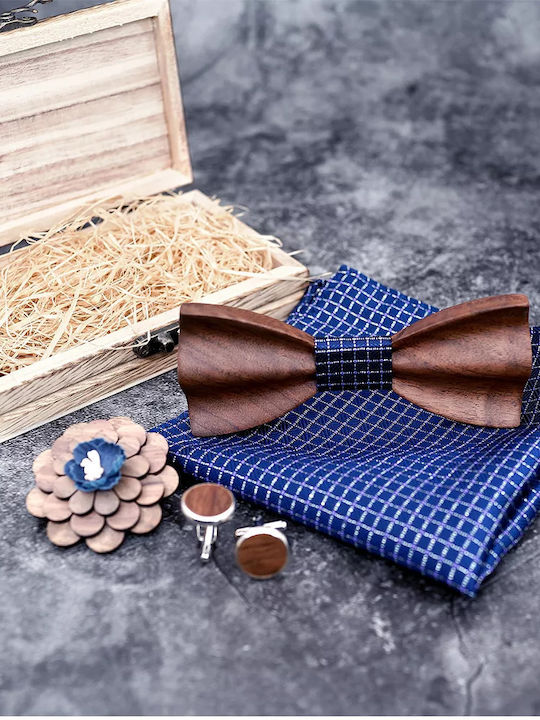 Legend Accessories Set Papion din lemn cu butoni, batista si ac de cravata Albastru marin