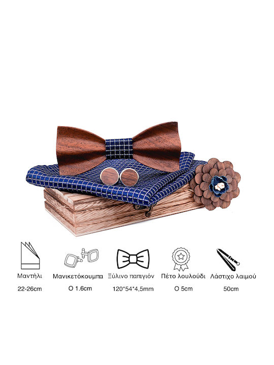 Legend Accessories Wooden Bow Tie Set with Pin, Cufflinks and Pochette Navy Blue