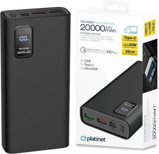 Platinet PL0412 Power Bank 20000mAh 22.5W με 2 Θύρες USB-A και Θύρα USB-C Power Delivery / Quick Charge 3.0 Μαύρο