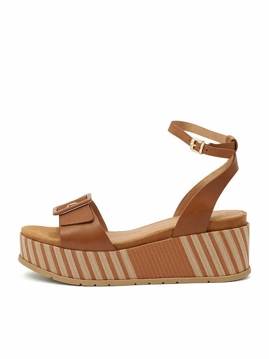 Women's Leather Ankle Strap Platforms Tabac Brown 2-28513-26 380