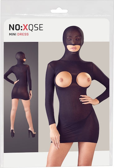Mandy Mystery Open Breasts Mini Dress with Hood - Black
