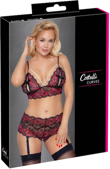 Cottelli Collection Секси комплект сутиен с перли с дантела и жартиери червен