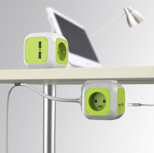 Green Blue PowerCube 4 Θέσεων με 2 USB-A και Καλώδιο 1.4m Πράσινο Γαλλίας (Type E)