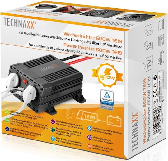 Technaxx Power Invertor Auto 600W pentru Convertirea 12V DC în 230V AC cu 1xUSB
