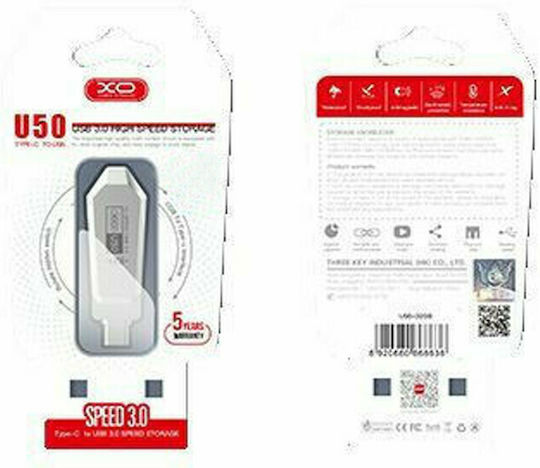 XO U50 128GB USB 3.0 Stick cu conexiune USB-A & USB-C Alb