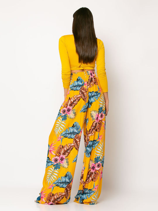 Noobass Women's High Waist Fabric Trousers with Elastic Floral Yellow