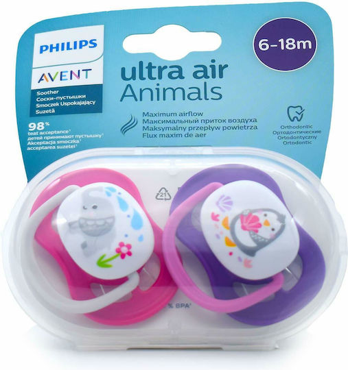 Philips Ultra Air Orthodontic Pacifiers Silicone with Case Elephant - Penguin - Pink-Purple for 6-18 months 2pcs