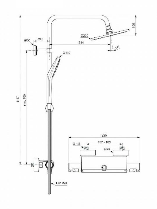 Ideal Standard Ceratherm Shower Column with Bathtub Mixer 111.7cm Silver