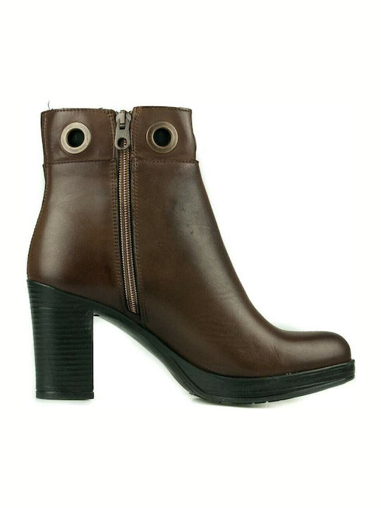 Leather Women's Ankle Boots with High Heel Brown