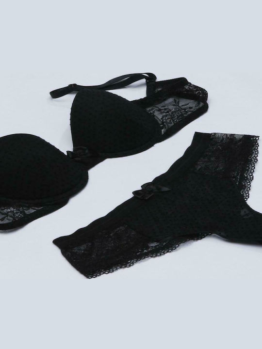 Norddiva Lingerie Dantelat Set de Lenjerie Sutien cu Șir de caractere Negru