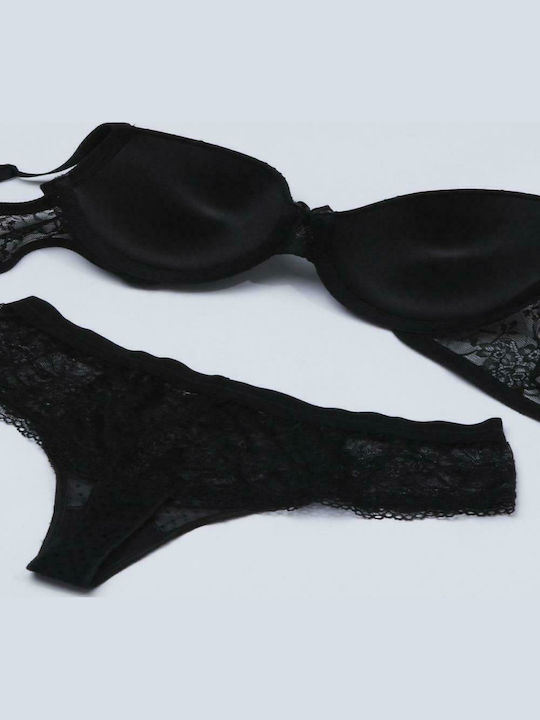 Norddiva Lingerie Dantelat Set de Lenjerie Sutien cu Șir de caractere Negru