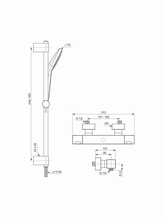Ideal Standard Ceratherm C100 Shower Column with Bathtub Mixer 54cm Silver