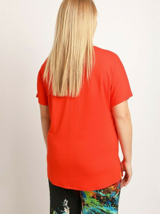 Dina Damen Sommerliche Bluse Kurzärmelig mit V-Ausschnitt Rot