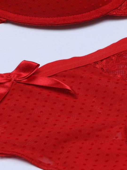 Norddiva Lingerie Δαντελένιο Σετ Εσωρούχων Σουτιέν με String Κόκκινο