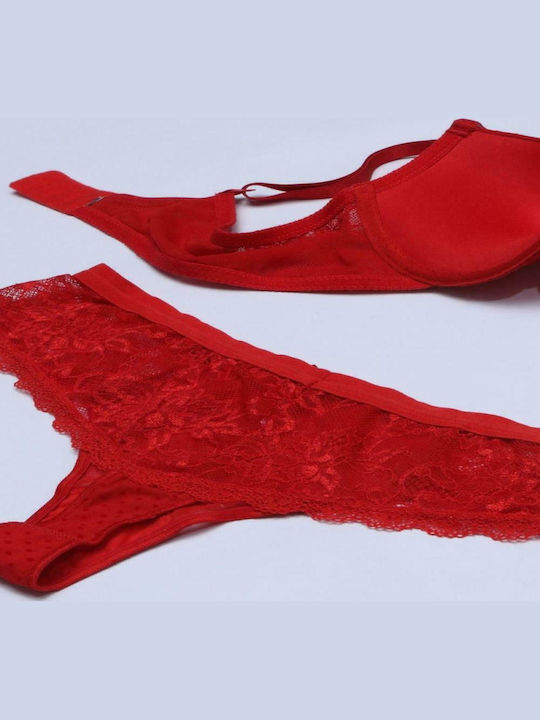 Norddiva Lingerie Δαντελένιο Σετ Εσωρούχων Σουτιέν με String Κόκκινο