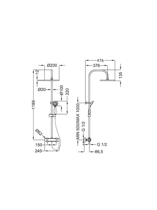 Ottone Meloda Fix Shower Column with Bathtub Mixer 118.9cm Silver