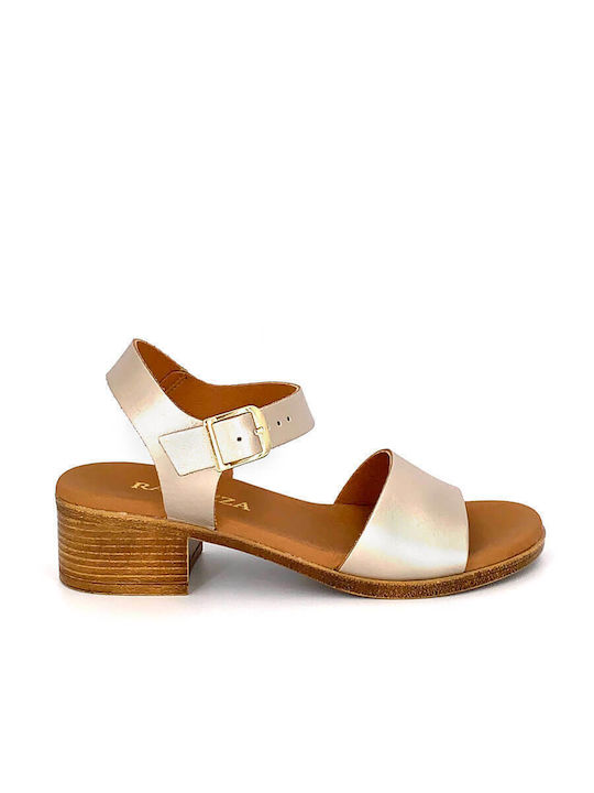 Ragazza Leather Women's Sandals with Ankle Strap Gold with Chunky Low Heel