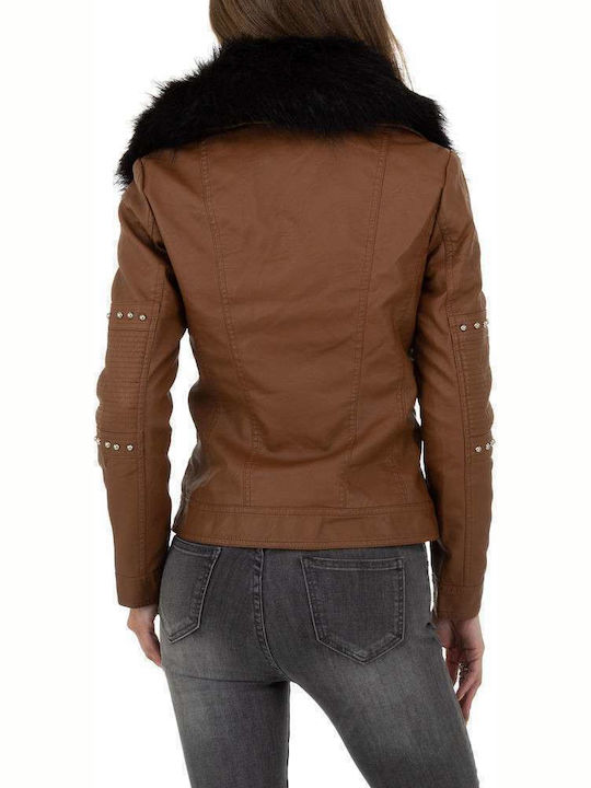 Metrofive Women's Short Biker Artificial Leather Jacket for Winter Brown