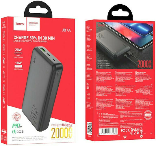 Hoco J87A Tacker Baterie Externă 20000mAh 18W cu Port USB-A și Port USB-C Power Delivery / Quick Charge Neagră