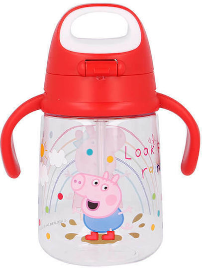 Stor Pop Up Training Kinderflasche Peppa Schwein Kunststoff mit Strohhalm Rot 370ml
