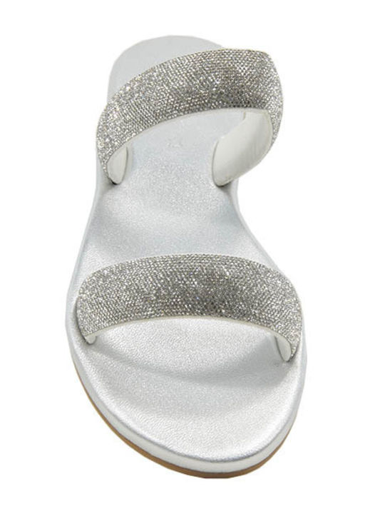 Leather Women's Flat Sandals in Silver Color