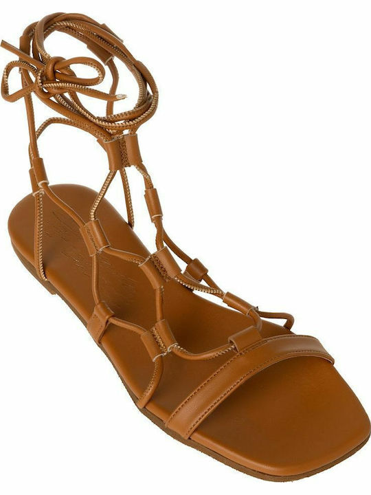 Leather Women's Flat Sandals in Tabac Brown Color