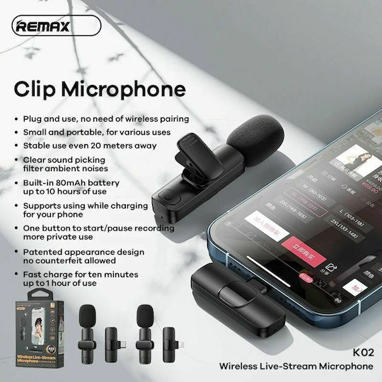 Remax K02 USB-C Drahtlos Mikrofon Πέτου, Clip On für Handy