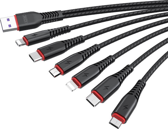 XO NB196 Regular Cablu USB la Lightning / Type-C / micro USB cu mai multe porturi 3.5A Negru 2m (XO-NB196)