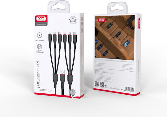 XO NB196 Regular Cablu USB la Lightning / Type-C / micro USB cu mai multe porturi 3.5A Negru 2m (XO-NB196)