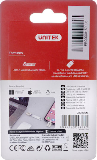Unitek Μετατροπέας USB-C male σε USB-A female Ασημί 1τμχ A1025GNI