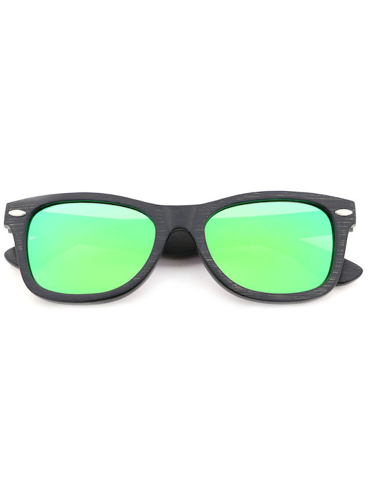 Daponte Men's Sunglasses with Black Wooden Frame and Green Polarized Mirror Lens DAP024B#1