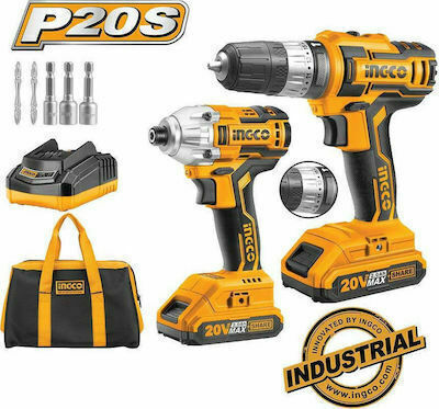 Ingco CKLI2006 Set Mașină de găurit & Șurubelniță cu impact Brushless 20V cu 2 baterii 2Ah și husă