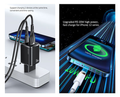 Usams Charger with USB-A Port and USB-C Port and Cable USB-C - Lightning 33W Power Delivery / Quick Charge 3.0 Black (USKTZ01)