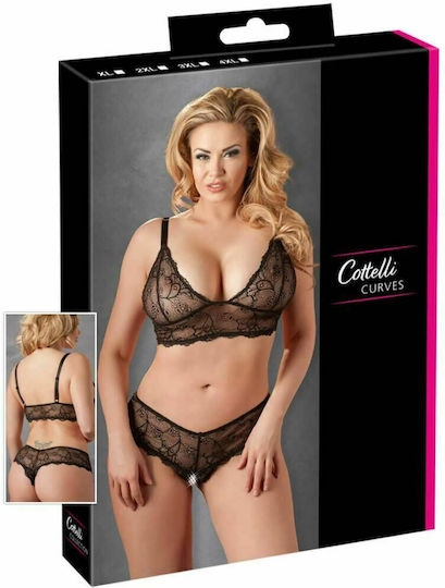 Cottelli Collection Set Sexy Lenjerie Sutien și Chilot G-String Fără Fundiță cu Dantelă Negru Mărimi Mari
