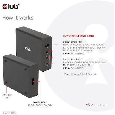 Club3D Зарядна станция с USB-A порт и 3 USB-C порта 132W Доставка на енергия в Черно цвят (CAC-1906)