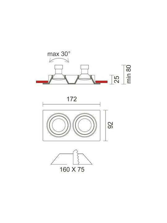 Spot Light Rectangle Plastic Recessed Spot with Socket GU10 White 17.2x9.2cm.