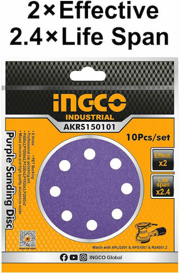 Ingco Σετ Φύλλα Λείανσης Έκκεντρου Τριβείου K1000 / K1200 / K1500 / K2000 / K800 με 8 Τρύπες 150x150mm 10τμχ