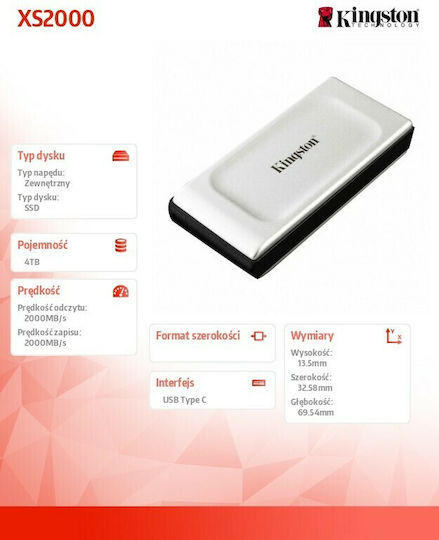 Kingston XS2000 USB-C External 1.8" SSD 4TB Silver
