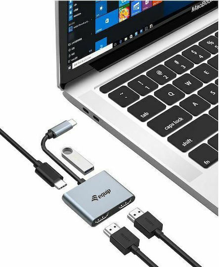 Equip Μετατροπέας USB-C male σε HDMI 2x female Ασημί 1τμχ 133484