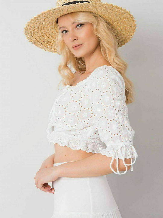 Och Bella Damen Sommer Crop Top Schulterfrei Baumwolle Kurzarm Weiß